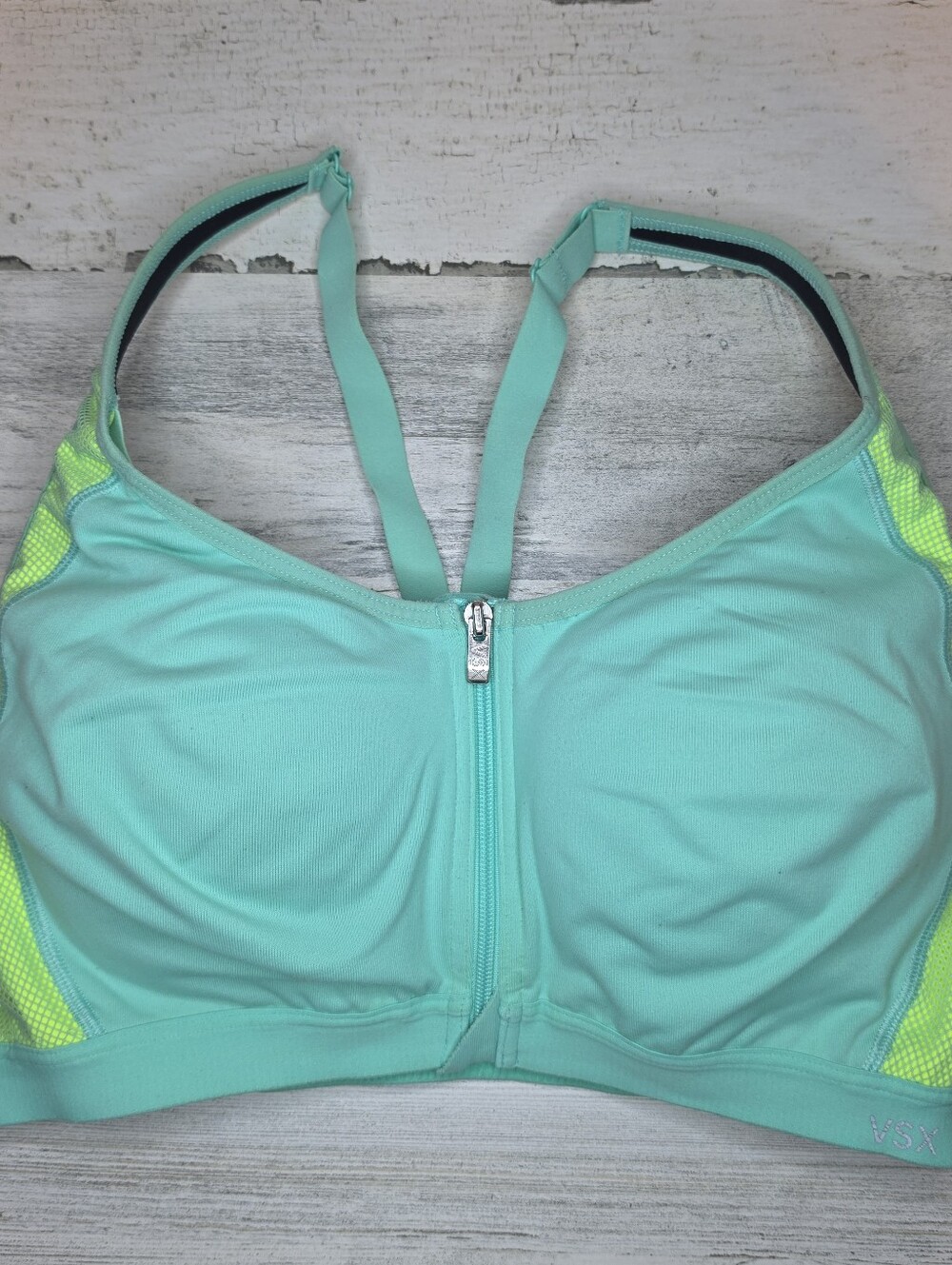 Victoria's Secret VSX Sport Bra 36C Front Zip Aqua Neon Yellow Mesh Racerback